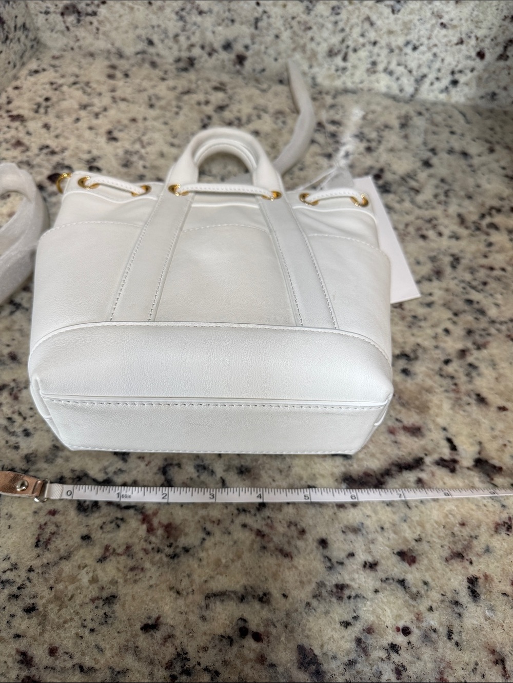 Veronica Beard “Mini Goody Bag” White Leather Drawstring Crossbody Bucket Bag. - Picture 12 of 16